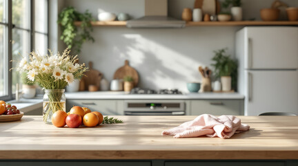 Sunlit kitchen counter with fresh produce and raw chicken ready for cooking preparation