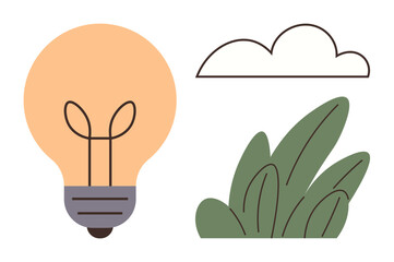 Light bulb with glowing effect next to a cloud and green leaves conveys creativity, nature, and innovation. Ideal for sustainability, environment, energy, eco-friendly design, inspiration, clean