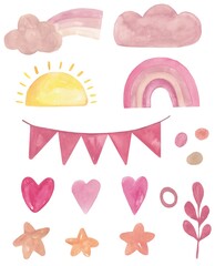 Naive playful abstract watercolor shapes stickers children style. Hearts, flags, stars, mugs, rainbow, sun and clouds in pink shades
