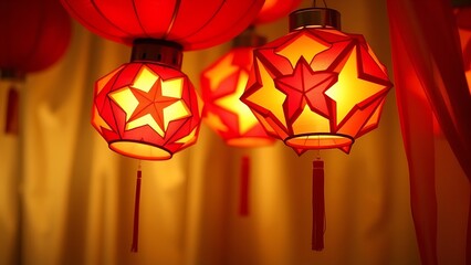 White and red silk scarf with lion motifs, draped elegantly, soft sunlight filtering through sheer curtains.