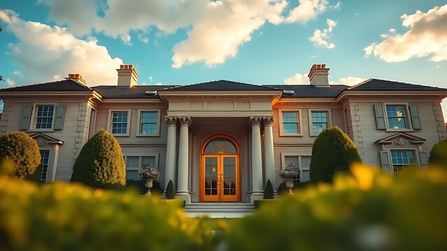 Majestic luxury house entrance with grand double doors and elegant stone columns under golden hour lighting.