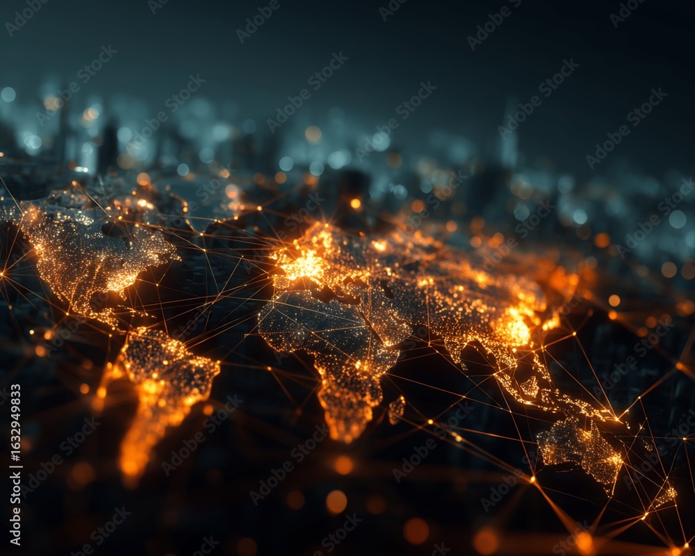 Poster digital world map with illuminated cities and network connections