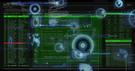 Projecting holographic display streaming green code with HUD graphics on security UI, encryption