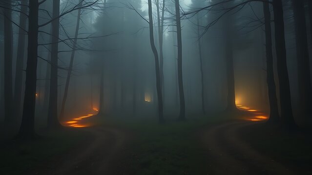 A mystical forest with two glowing paths diverging under golden hour light, creating an ethereal atmosphere.