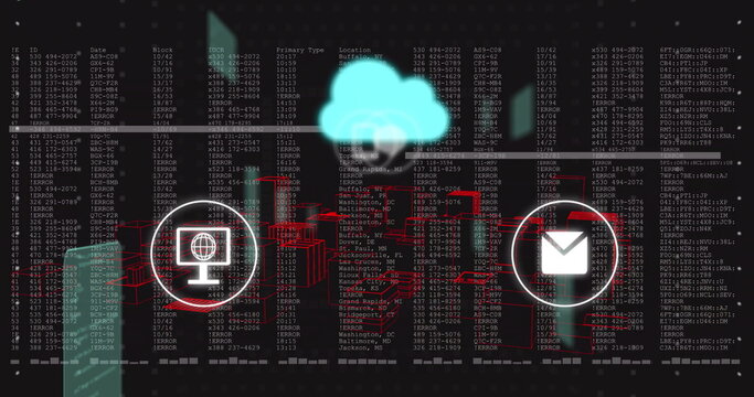 Hovering neon cyan cloud icon floating above cybersecurity dashboard, with red network blocks - Powered by Adobe