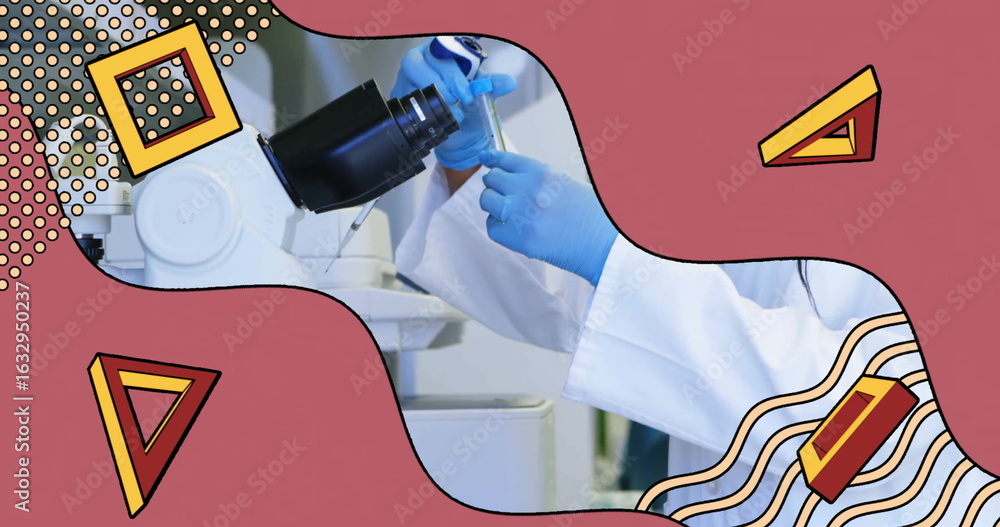 Poster gloved technician in lab coat manipulating pipette and adjusting microscope lens in lab with tube