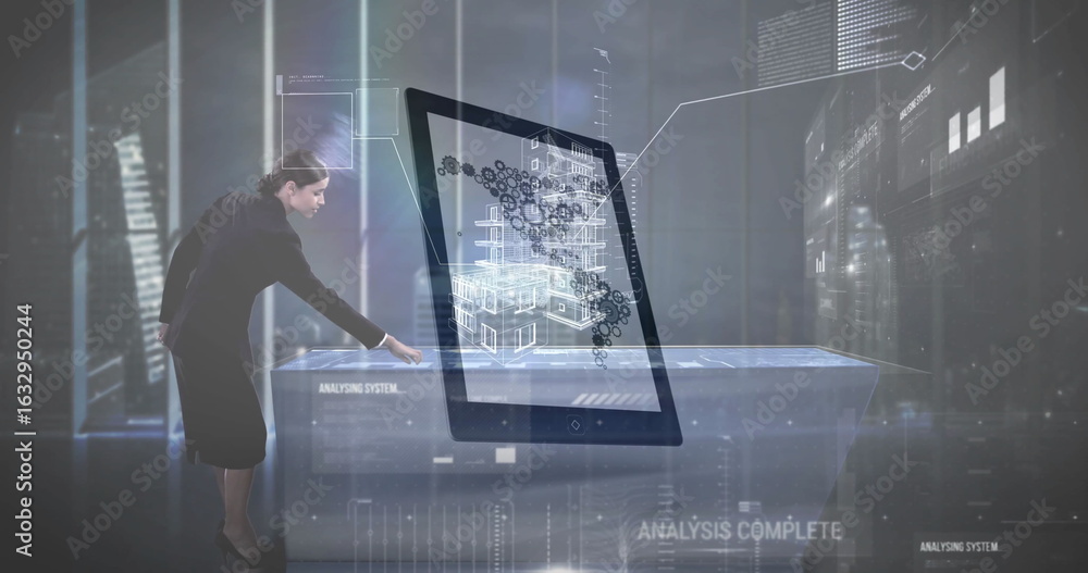 Poster monitoring engineer manipulating floating 3d display in technology lab wearing suit, copy space