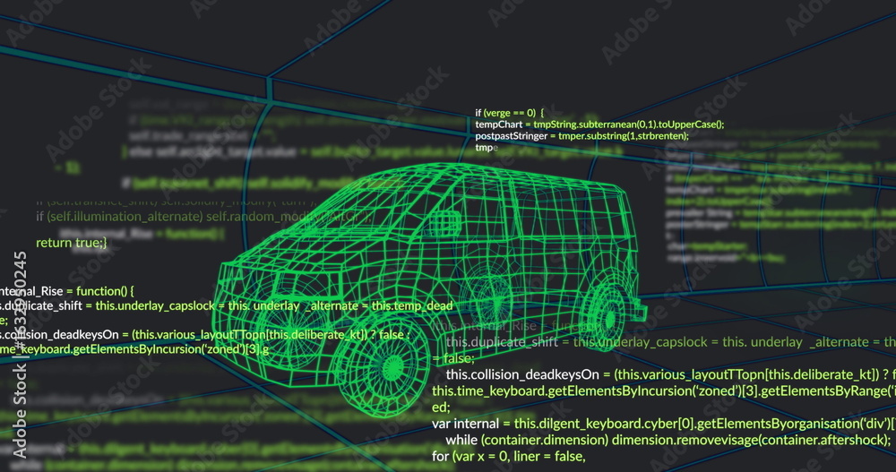 Poster displaying neon green wireframe 3d car model in dark-mode workspace, with floating code panels