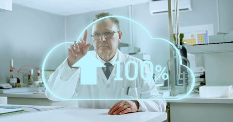 Reaching male scientist wearing lab coat touching digital cloud showing 100% arrow at lab bench