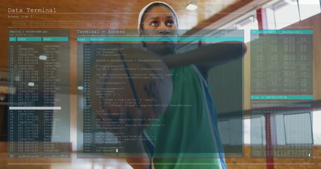 Standing woman wearing green athletic top and white headband in sports hall, floating code overlays