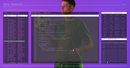 Monitoring developer reviewing code at studio, with terminal windows, encryption dump, copy space