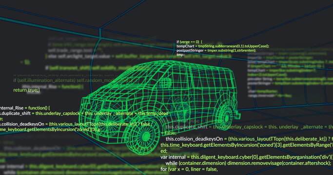 Fototapeta Displaying neon green wireframe 3D car model in dark-mode workspace, with floating code panels