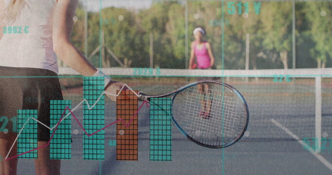 Tennis player wearing skirt preparing shot with racket on hard court near net, with data overlays