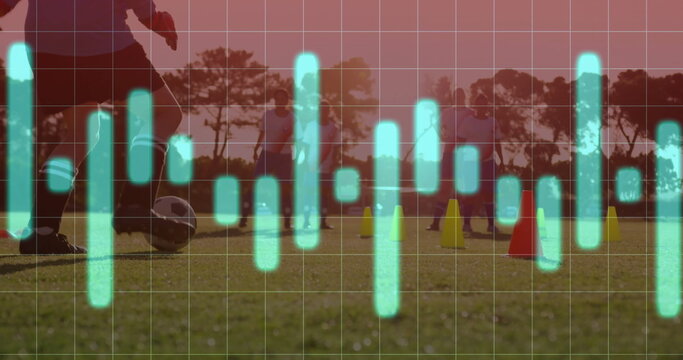 Controlling coach guiding soccer ball on sunset field with cones and waveform overlay, copy space