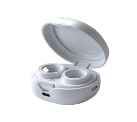White wireless earbuds glow against black, product photography.