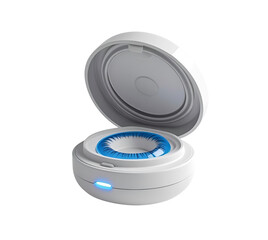 White tech product with blue accents stands out. Smooth surfaces and cool lighting ideal for product mockups or digital posters.