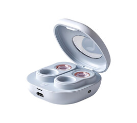 White textured wireless earbuds case sits open. Product photography.