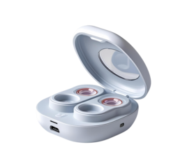 White textured wireless earbuds case sits open. Product photography.