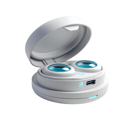 White, futuristic earbuds case shines on black. Studio lighting. Isolated cut out for product display, branding, web assets.