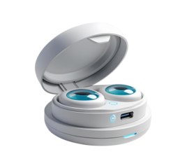 White, futuristic earbuds case shines on black. Studio lighting. Isolated cut out for product display, branding, web assets.