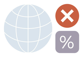 Globe grid, red X, and percentage symbol signify global limitations, prohibition, and economic metrics. Ideal for business, finance, restrictions, global issues analytics economics or minimalistic