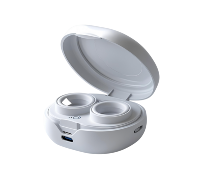 White wireless earbuds glow against black, product photography.