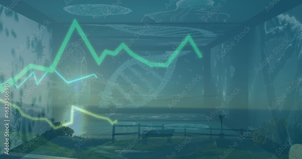 Poster hovering holographic cube showing green line graphs and dna helix at coastal bluff, with bench