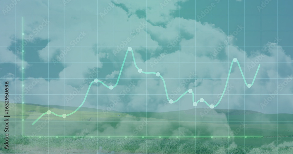 Poster displaying grid overlay with axes across rural meadow hills, neon green line chart and data nodes