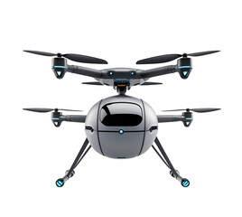 Gray drone hovers, isolated cutout on transparent PNG background. Minimalist, modern style for tech branding, product photography.