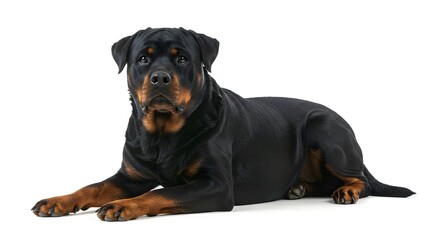 Fototapeta premium Powerful Rottweiler dog lying down calmly and looking at camera on isolated transparent background.