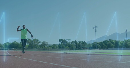 Racing teenage runner powering along red track at stadium, athletic top, pulse overlay, copy space