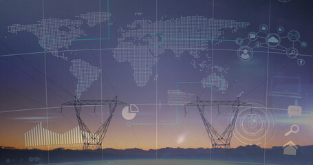 Rising two transmission towers above horizon at dusk, with world map overlay, bar graph, pie chart