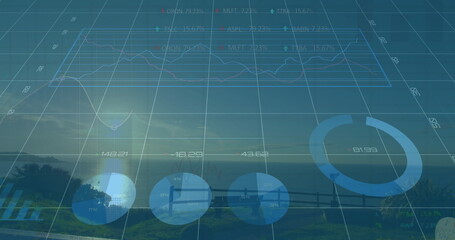 Displaying financial overlay on coastal path, with 3D grid, line graph and circular charts