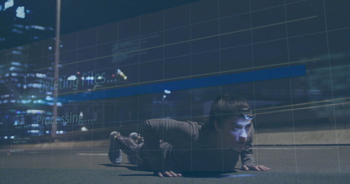 Crawling woman wearing jacket and pants across asphalt street near guardrail at night, grid overlay