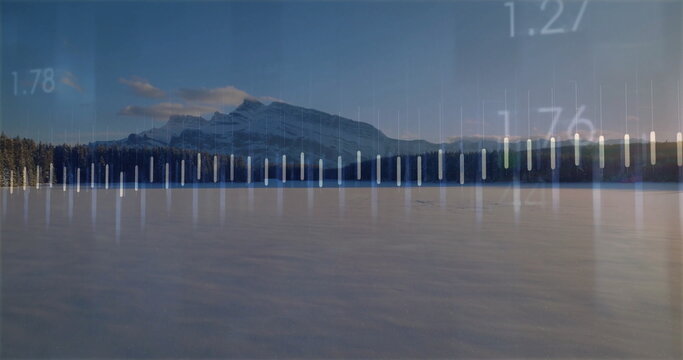 Fototapeta Showing peaks rising over snowy evergreen trees by frozen lake, with numeric bar chart overlay