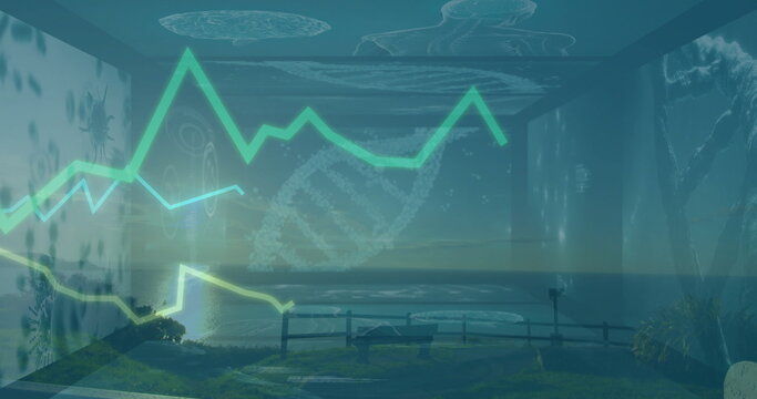 Hovering holographic cube showing green line graphs and DNA helix at coastal bluff, with bench