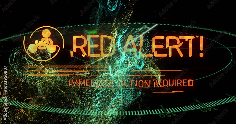 Poster displaying alert with orange warning text, hazard icon over green hud grid, data particles