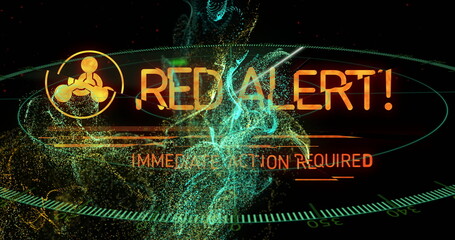 Displaying alert with orange warning text, hazard icon over green HUD grid, data particles