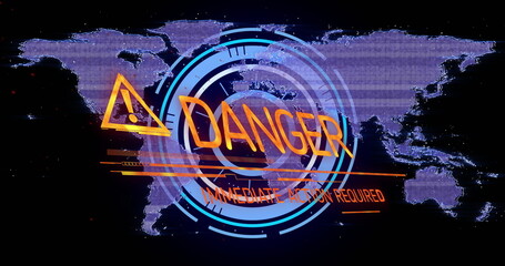 Displaying HUD rings on screen, with warning icon, DANGER, IMMEDIATE ACTION REQUIRED, world map