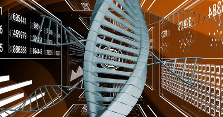 Displaying central DNA double helix twisting within virtual corridor, with data panels and charts