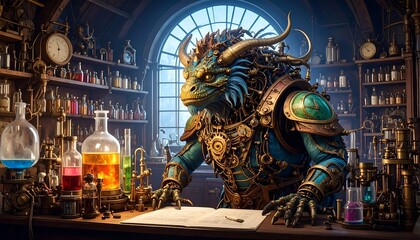 Steampunk dragon alchemist in a cluttered laboratory
