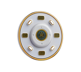 White and gold disk shows futuristic style, great for posters.