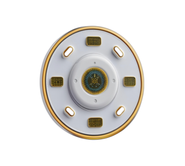 White and gold disk shows futuristic style, great for posters.