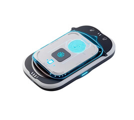 Metallic, white, and blue device shines with abstract tech texture. For UI/UX design, isolated cut out on transparent PNG background.