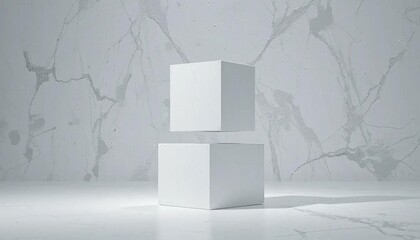 Two white cubes, one floating above another, against a marble backdrop.