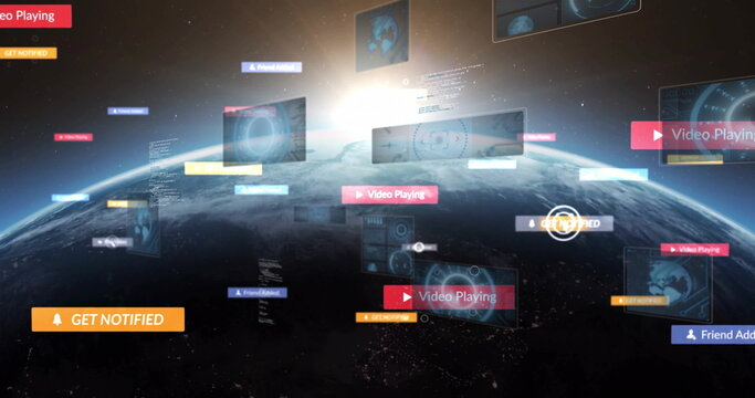 Naklejki Displaying Earth globe curving above space view, with panels, notification banners and friend icons