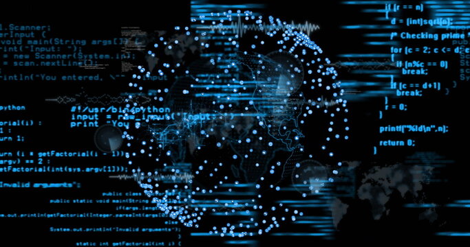 Abstract globe pulsing with nodes in virtual network with scrolling Python and Java code streams