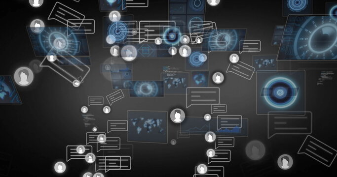 Showing floating user avatar icons and chat bubbles in virtual dashboard, with frosted data panels - Powered by Adobe