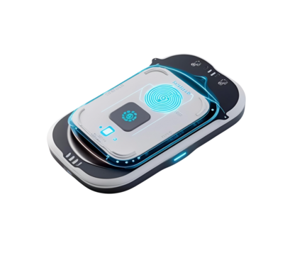 Metallic, white, and blue device shines with abstract tech texture. For UI/UX design, isolated cut out on transparent PNG background.
