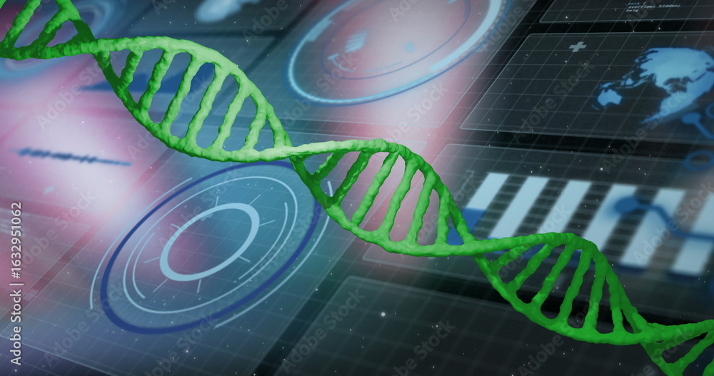 Poster displaying green dna double helix floating across high tech interface with circular hud graphics